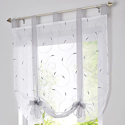 WPKIRA 1 Panel Tab Top Ribbon Tie Up Embroidered Curtain Sheer Voile Balloon Shades Lift Sheer Curtain Drapes Voile Valances Scarf for Store Cafe Kitchen