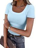 Picture of ANRABESS Women Short Sleeve Tops Scoop Neck Ribbed Knit Slim Fitted Basic Tee Shirts Casual Summer Clothes 2026 Fall Outfits Light Blue-2 3X-Large