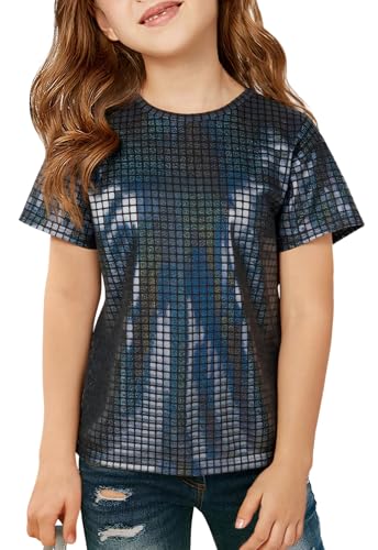 Girls Metallic Outfit Crop Top Short Sleeve Shirt Concert Sequin Tee Hip Hop Disco Loose Blouse 3-4Years