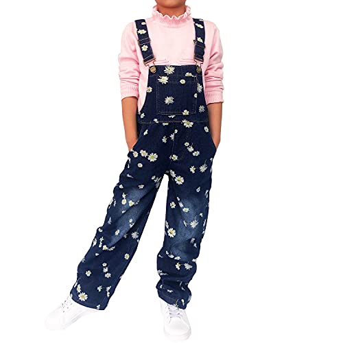 Yao 3-14Years Girl's Jumpsuit and Rompers Big Kids Bib Overalls Blue Printed Denim Trousers (Flower,6-7Y)