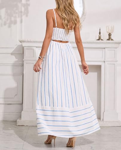 Image of chouyatou Women's Striped Back Smocked Maxi Dress Sexy Spaghetti Strap Cut Out Flowy Swing Long Dress