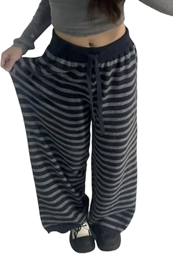 Alternative Drawstring Wide Leg Baggy Pants Streetwear Striped Knit Lounge Pants Women