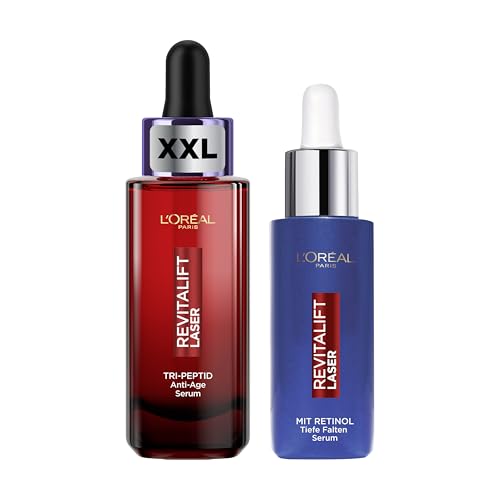 L'Oréal Paris Revitalift Laser Anti-Aging Set – Tri-Peptid Serum & Retinol Nachtserum mit Hyaluronsäure, Vitamin C & Retinol – Strafft, hydratisiert & mildert Falten – 2er-Set