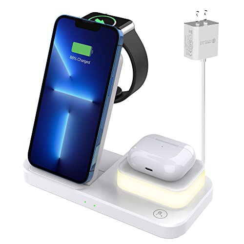 Wireless Charger for iPhone 14/13/Pro/Mini/Max/12/11/XS/XR/X/8 /Samsung, 3 in 1 Charging Station Dock Stand with Night Light for Apple iwatch 8/Ultra/7/SE/6/5/4/3/2, AirPods 3/2/Pro (White)