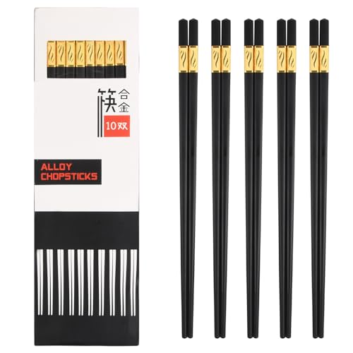 KASTWAVE 10 Pairs Reusable Chopsticks Gold Three-Leaves Fiberglass Chopsticks Japanese Chinese Chop Sticks Non-Slip Chopsticks Dishwasher Safe Chinese Tableware for Noodle Rice Ramen Sushi Black