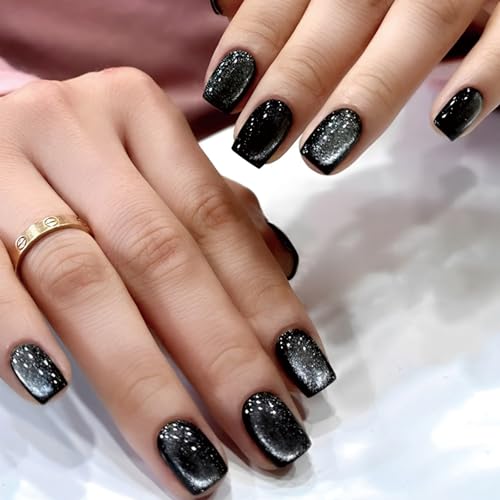 Hebterrka 24 uñas postizas cuadradas con diseño de ojo de gato negro y brillantes, con cobertura completa