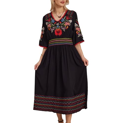 Hgustar Mexican Embroidered Dress for Women Boho...