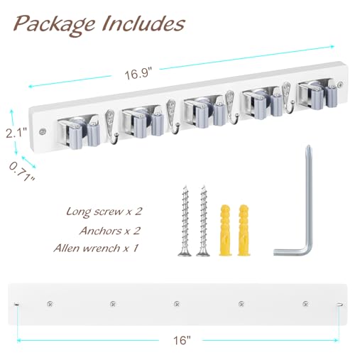 OUTNILI-Mop-and-Broom-Holder-Wall-Mount-White-Broom-Mop-Hanger-Wall-Mounted-Garden-Tool-Rack-Organizer-for-Closet-Garage-Laundry-Room-Kitchen-Decor-With-5-Slots-4-Hooks