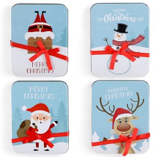 MIJOMA Lot de 4 Boîtes Cadeaux de Noël en Métal - Pour Argent, Cartes de Bons d'Achat, Cartes Prépayées, Bonbons - Élégantes Boîtes en Tôle, 12 x 9 cm, 4 Motifs