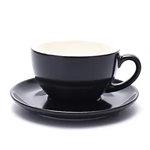 Coffeezone Latte Art Barista Cup and Saucer, Latte & Cappuccino New Bone China 3 Capacity to Choose (Matte Black, 10.5 oz)