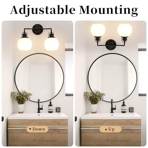 Image of 16 inch Bathroom Vanity Light, 2-Light Black Vanity Lighting Fixture Over Mirror,Modern Wall Mount with Milk White Globe Glass Shade for Bathroom,Dressing Room.16 L x 6.75 inch W x 10.5 inch H .BD045-2-BK
