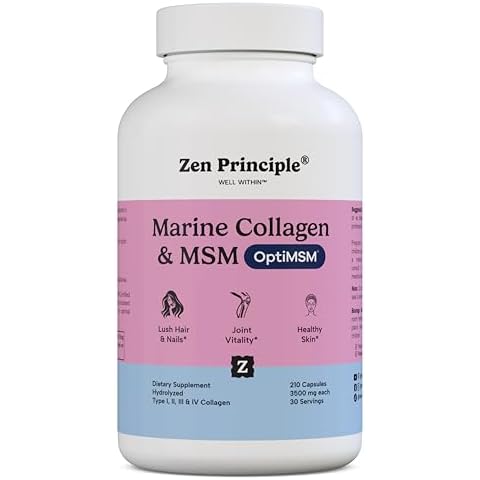 Zen Principle Marine Collagen Peptides Powder with OptiMSM® Supplement. Clinically Tested for Skin Support. Wild-Caught Fish, Non-GMO. 210 Capsules. Cover