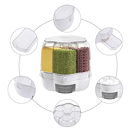Foto von Bazargame 6 IN 1 Getreidespender 8KG 360°Drehung Müslispender Küche Geteilte Trockenfutterbehälter Luftdicht Lebensmittelspender Küchenorganisation Aufbewahrung Weiß