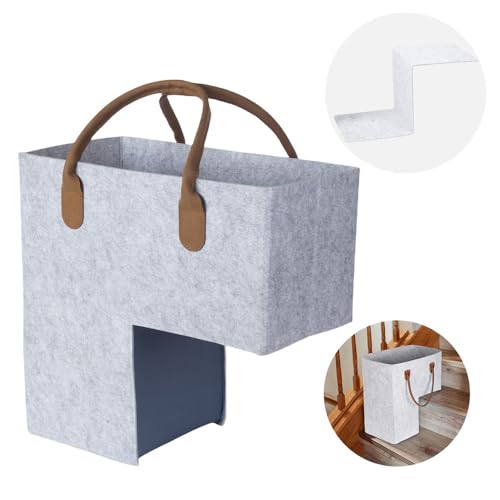 Levier Stair Basket with Leather Handles,Eco-Friendly Premium Felt Staircase Baskets for Carpeted and Wooden Stairs,Stair Step Storage Organizer for Home and Office Decor (New Light Grey)