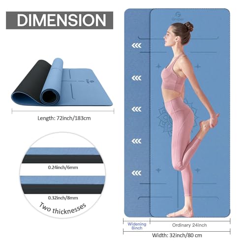 Yoga Mat Non Slip TPE Thick Yoga Mat with Alignment Mark, Large Size 72\"L x 32\"W x 0.32\"Th or 0.24\"Th, Anti-Tear Exercise & Fitness Mat for Yoga, Pilates & Floor Workouts (Blue Black, Thickness-8mm)