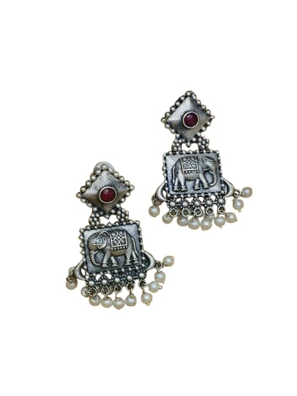 Uphaar India Women Red Oxidised Silver Earrings (RED) | elephant dangle pearl earring for women & girls.