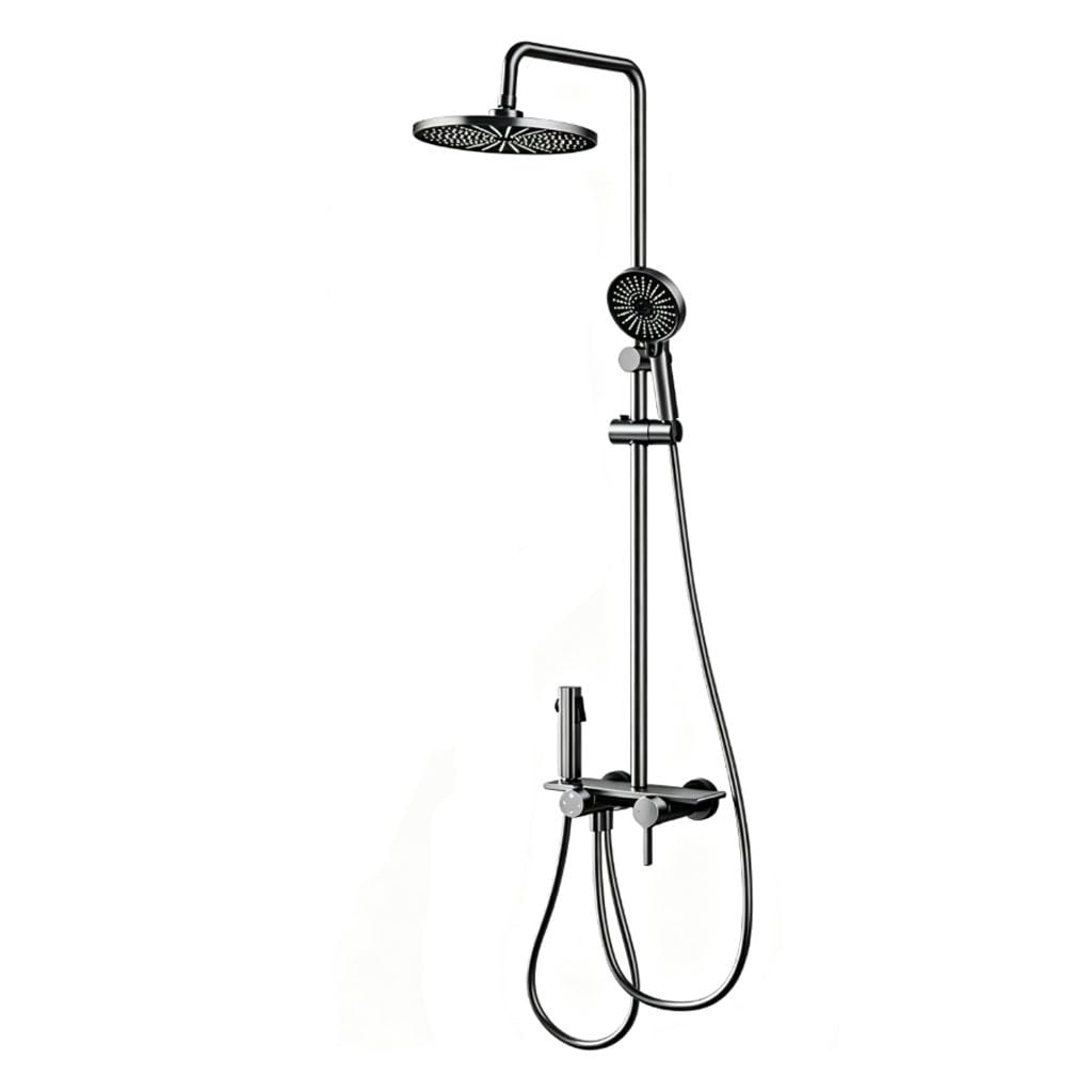 Saliscendi Doccia Grigio Metallizzato Rubinetto a Parete Bagno | Saliscendi doccia a parete,soffione rotondo 260mm,4 uscite acqua,ripiano integrato,asta regolabile