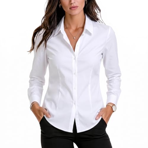 Image of Jenck Womens Long Sleeve Blouse White Button Down Shirts Business Work Tops (UK, Alpha, S, Regular, Regular, White)