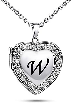 KunBead Jewelry Love Heart Photo Picture Locket Necklace Name Letter Initial Alphabet Pendant Necklace for Women Girls