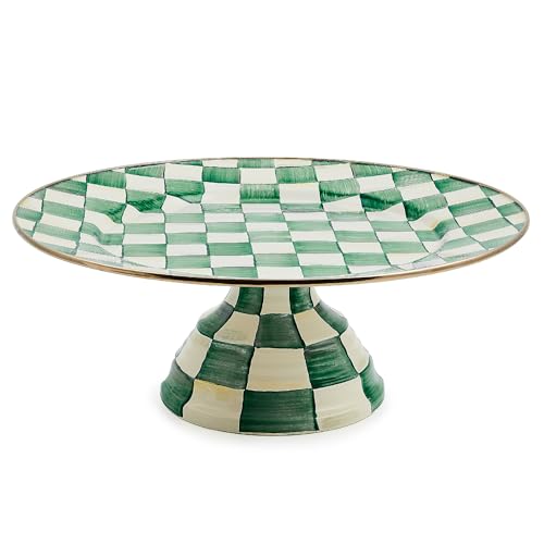 MACKENZIE-CHILDS Enamel Pedestal Platter, Round Cake Stand, Large, Green-and-White Emerald Check