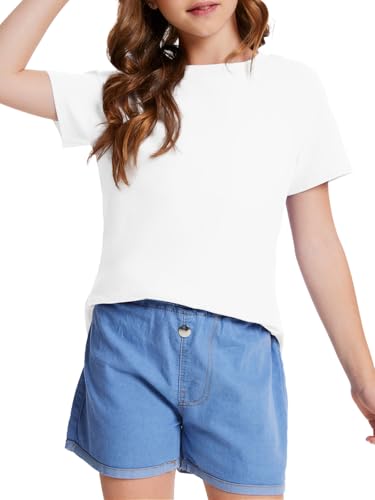 Girls Short Sleeve T Shirts Kids Summer Crewneck Curved Hem Tunic Tops Basic Tee2