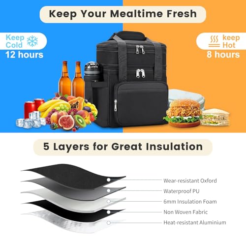 holuxer Insulated Lunch Bag & Lunch Box for Men - Double Deck Reusable Lunch Bag for Women Tote Cooler Bag Leakproof Soft Expandable - Large Lunchbox for Work/Adult/Picnic/Outdoor (Black,15L)