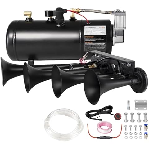 AOLIHAN Super Loud Train Horns Kit,180dB Four Trumpet Truck Horns with 150 PSI Air Tank,12V Air horn with 0.8 gallon Air Compressor Can for Truck, Jeep,Pickup,SUV (Black truck parallel horn kit) Cover