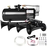 Super loud train horn kit,180db four trumpet truck horn with 150 PSI Air Tank,12V Air horn with 0.8 gallon Air Compressor Can for Truck, Jeep,Pickup,SUV (Black truck parallel horn kit)