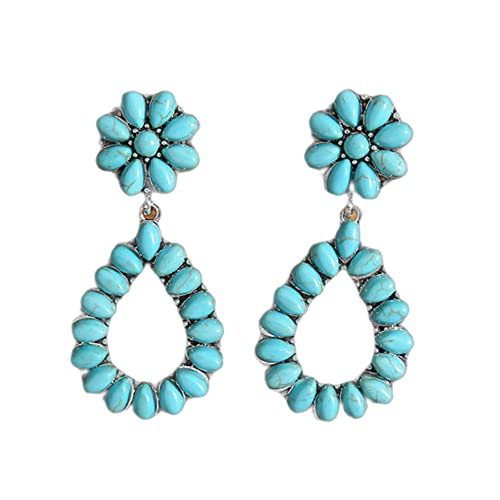 Bohemian Vintage Turquoise Oval Flower Ethnic Drop Dangle Earrings For Women Girls Boho Exaggerated Retro Geometric Turquoise Teardrop Earrings Cowgirl Cowboy Jewelry Gift-B #TOP28