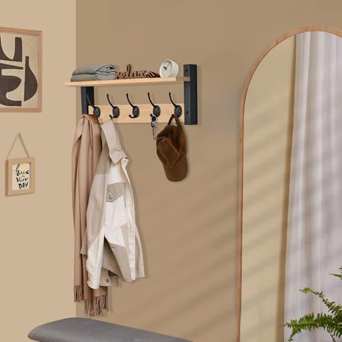 Sorbus Coat Hooks Wall Mount with Shelf – 24 Inch Coat Rack Wall Mount with 5 Heavy Duty Hooks – Floating Wall Shelf with Hooks for Entryway, Bathroom, Bedroom, Kitchen, or Mudroom (Maple Wood) by Sorbus - Used condition - Image 4