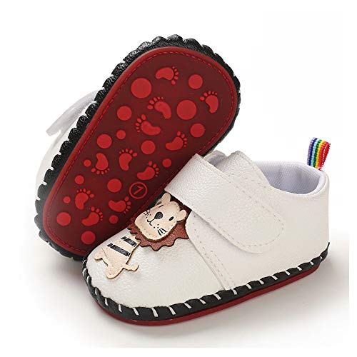 Lafegen Baby Boys Girls Walking Shoes Hard Bottom Non Slip Pu Leather Outdoor Sneaker Infant Carton Slipper Toddler First Walker Crib Shoes(3-18 Months) 3-6 Months Infant, 01 White Lion #TOP11