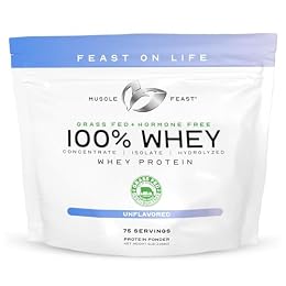Muscle Feast 100% Grass Fed Whey Protein Powder, All Natural Hormone Free Paure Raised Whey Protein Powder for Women & Men- Whey Concentrate, Isolate & Hydrolyzed Protein Powder Blend- Unflavored, 5lb