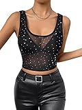 SweatyRocks Women's Scoop Neck Sheer Mesh Crop Tank Top Rhinestone Slim Fit Party Tops Black XL