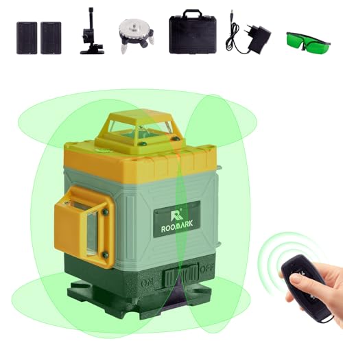 Roomark Niveau Laser Croix Vert 4x360°, Niveau à Bulle Laser 16 Lignes, Niveau Laser Verticale et Horizontale 4D, Batterie Rechargeable 2 * 3000 mAh (Orange-Gris)