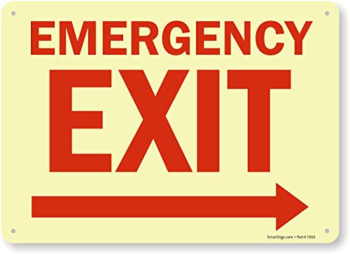 Free Shipping Over $50 SmartSign - S-1492G-GR-14 Emergency Exit Sign with Right Arrow by  10"x 14" Glow-in-the-Dark Laminated Aluminum Emergency Exit_Right Arrow