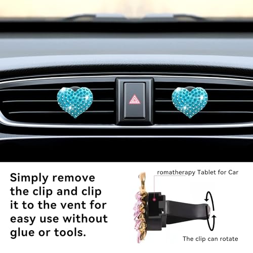 Image of Car Bling Air Vent Clips, 2 Pcs Bling Heart Charm Air Conditioning Outlet Clip, Crystal Rhinestone Accessories, Car Interior Decoration Cute Accessories for Women Girls (Blue, Vanilla)