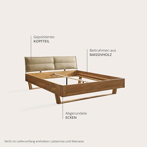 TJARK Modernes Massivholzbett 180x200, Eiche - Komfortables & hochwertiges Balkenbett mit gepolstertem Kopfteil - 186 x 89 x 219 cm (B/H/T)