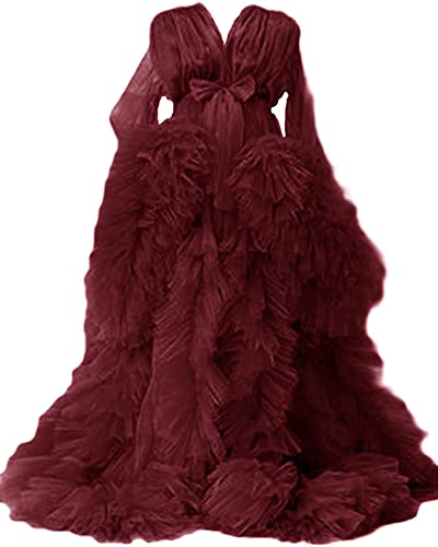 Tianzhihe Sexy Illusion Long Lingerie Tulle Robe Maternity Gown for Photoshoot Puffy Bridal Nightgown Bathrobe for Women ( Burgundy,3XL)