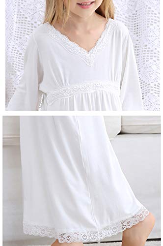 Girls' Lace Nightgowns Soft Cotton Sleepwear Dress Toddler 3-12 Years Off White - Thumbnail 7