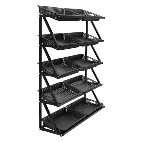 Retail Display Rack Market Shelf, 5 Tier Supermarket Fruit and Vegetable Display Shelf, 49.21x13.78x59.06in Storage Stand for Supermarket with Hollow Plastic Baskets, Adjustable Feet, Black