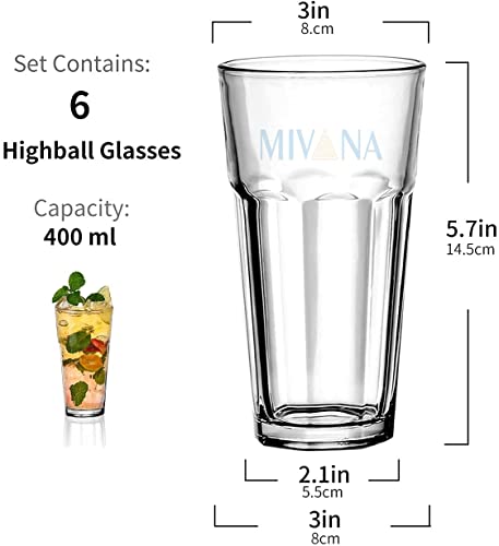 Image of 400 ML Highball Glass Set of 6 Large Drinking Glasses Heavy Base Tumblers for Water, Juice and Cocktails, Iced Tea, Milkshake, Coke,Home, Everyday Use-Dishwasher Safe (Tall 400 ML, Set of 6)