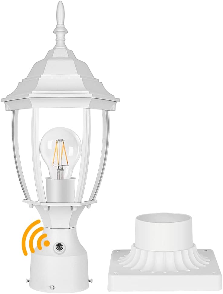 PARTPHONER Dusk to Dawn Outdoor Post Lamp with Scaffolding Mount Base, Waterproof Pole Lantern Outdoor Lamp Pole Lantern Head with Clear Glass Panel for Garden, Patio, Path
