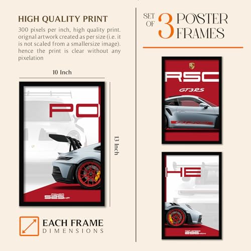 Image of ARTELLY Big Porsche 911 GT3rs Sports Car Framed Wall Posters, Set of 3, Premium Framed Painting, Living Room Bedroom Decoration, Large Size Gift Item for Boys Room Decor (Porsche 2, 10x13 inch)