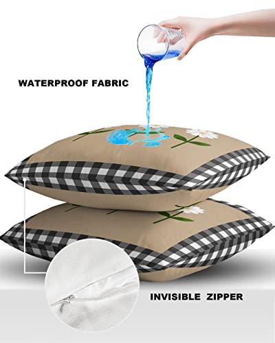 Yokou Waterproof Throw Pillow Covers, Daisy Flowers Black White Buffalo Check Plaid Decorative Pillowcase Soft Cushion Case For Patio Couch Tent Balcony, Set Of 2 Square, 18"X18" #TOP3