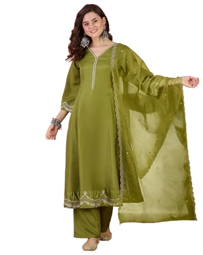 Image of Amazon Brand - Tavasya Women Vichitra Zari Sequence Embroide Kurta with Pant and Dupatta|Kurta Set|Ethnic Wear|Salwar Suit|3 Piece Set