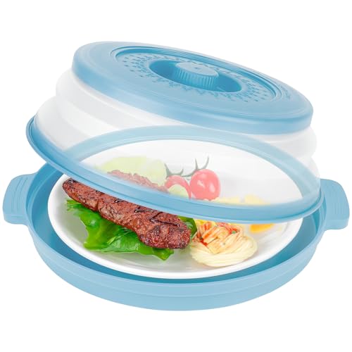 10.7 Inch Microwave Food Cover with Heat Insulation Mat, Anti-Scald Collapsible Microwave Splatter Cover, Multi-Functional as Colander & Fruit Plate, Dishwasher Safe, Ideal for Meal Prep (Blue)