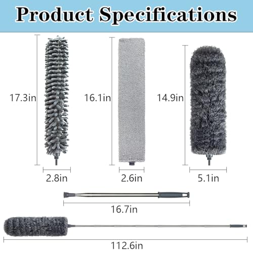 Image of 4 Pcs Dusters for Cleaning, 2-9 Ft Duster with Extension Pole, Cobweb Duster with Extension Pole, Duster for Cleaning High Ceilings, Fans, Furniture, Spider Webs(Grey)