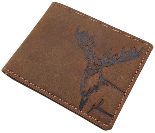 Myledershop Portfel z Prawdziwej Skóry Bawolej, Portmonetka w Formacie Pionowym lub Poziomym z Motywem Jelenia, Ochroną RFID i NFC, Brązowy, Einheitsgröße