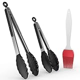 Kitchen Tongs w/ Silicone Tips, Stainless Steel, Heat Resistant, Non-slip, Locking Tongs for Cooking