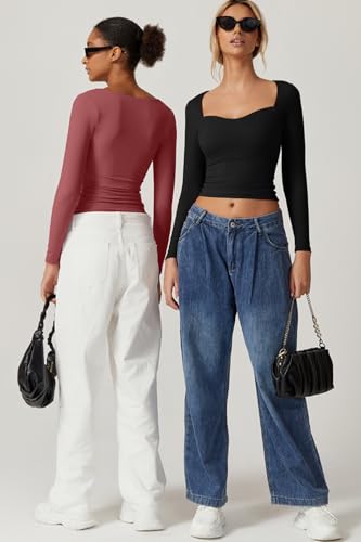 QINSEN Womens Slimming Fit Sweetheart Neck Long Sleeve Basic Crop Tops Stretch Going Out Tee Shirt 6